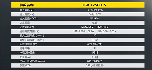 滬工LGK125PLUS等離子切割機參數